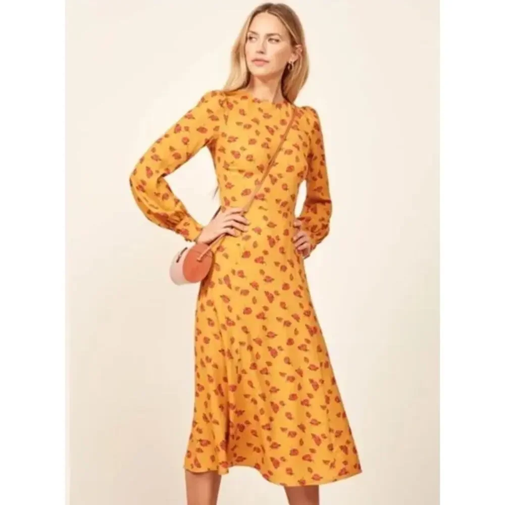 REFORMATION Josephine Midi Dress Floral Puff Long Sleeve Crew Neck Maxi, Amelia - Picture 2 of 15